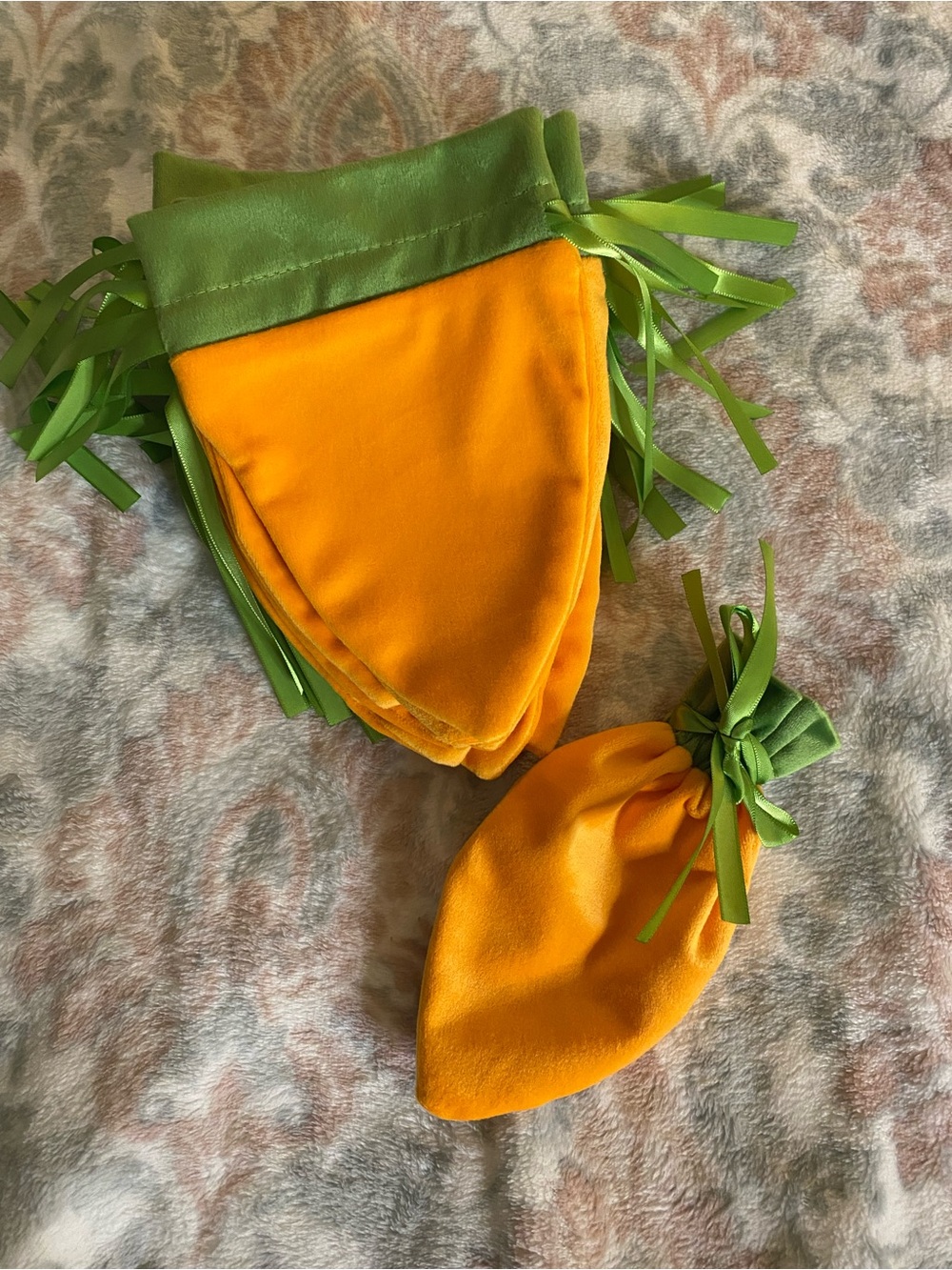 Orange and Green Velvet Drawstring Carrot Pouches for Easter
